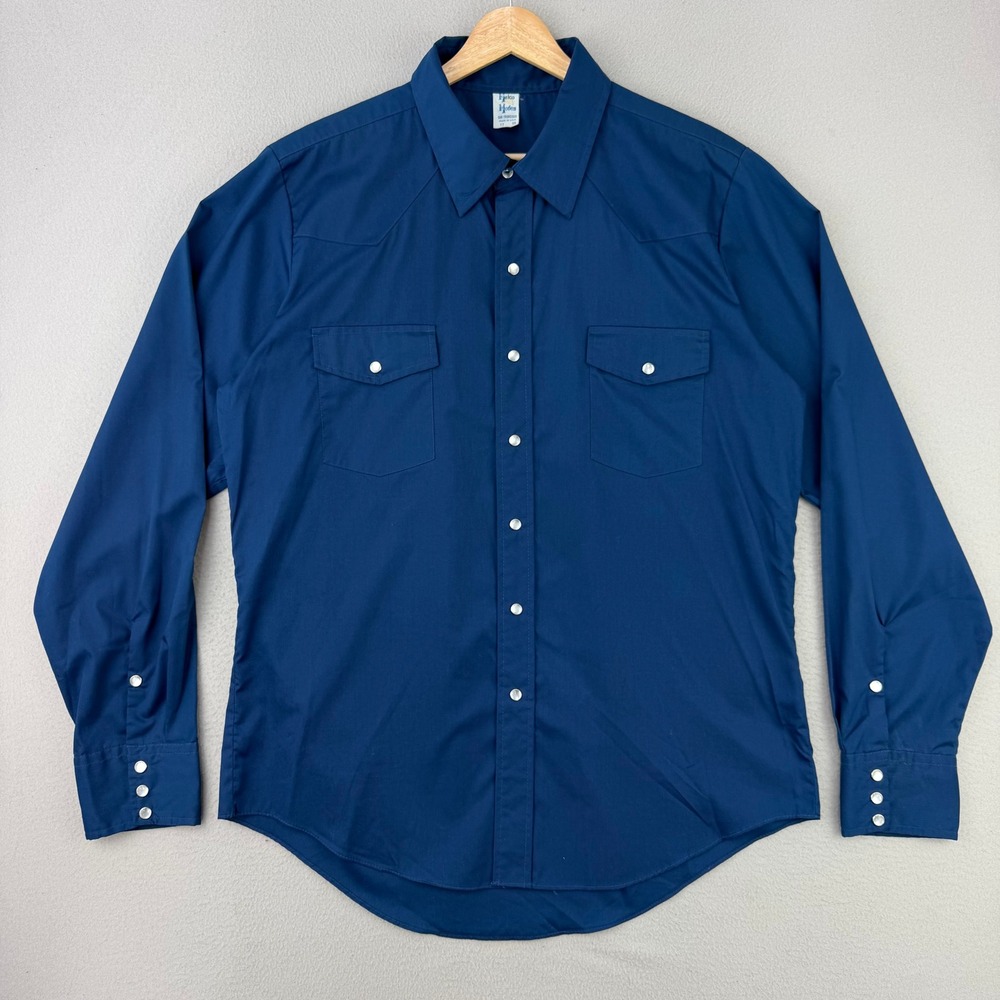 VTG 70s Malco Modes Western Pearl Snap Shirt Mens 17x36 XL Blue Cowboy Rodeo USA